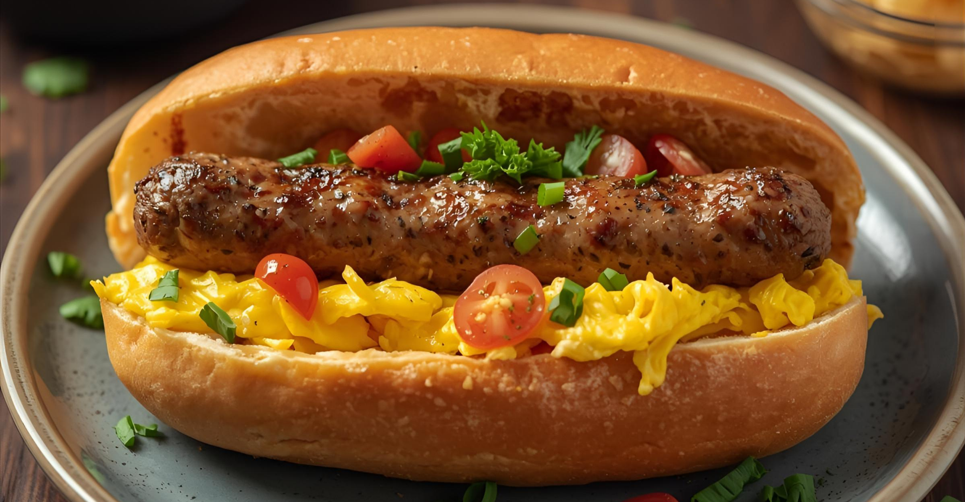 gluten free hot dog buns with breakfast eggs and sausage